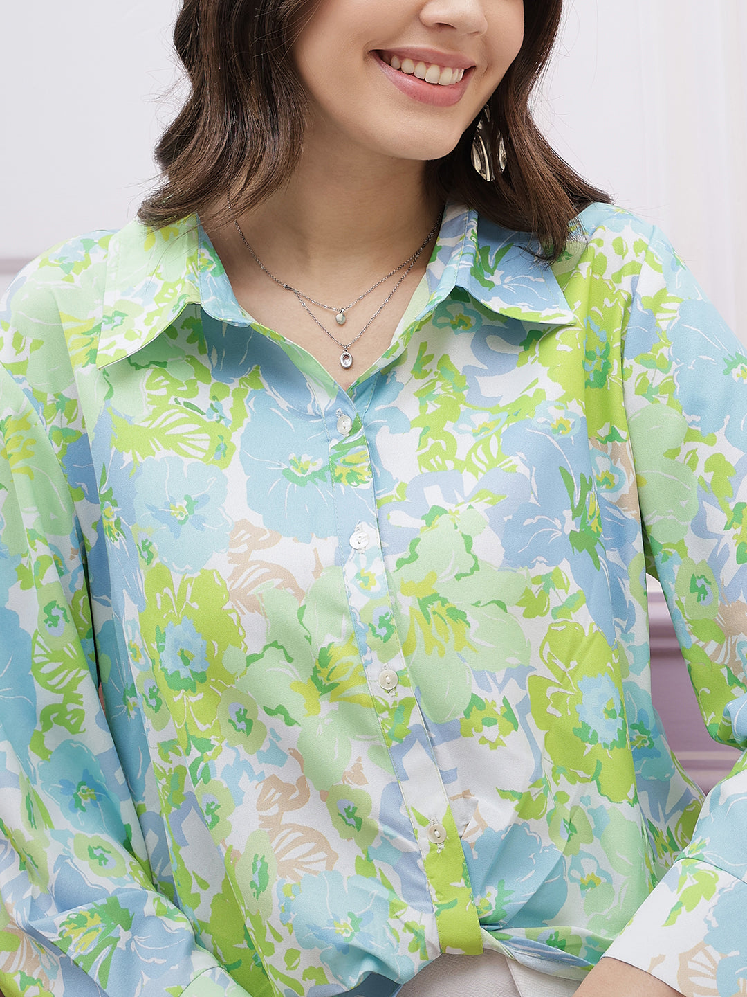 Floral Printed Long Sleeves Twisted Crepe Shirt Style Top
