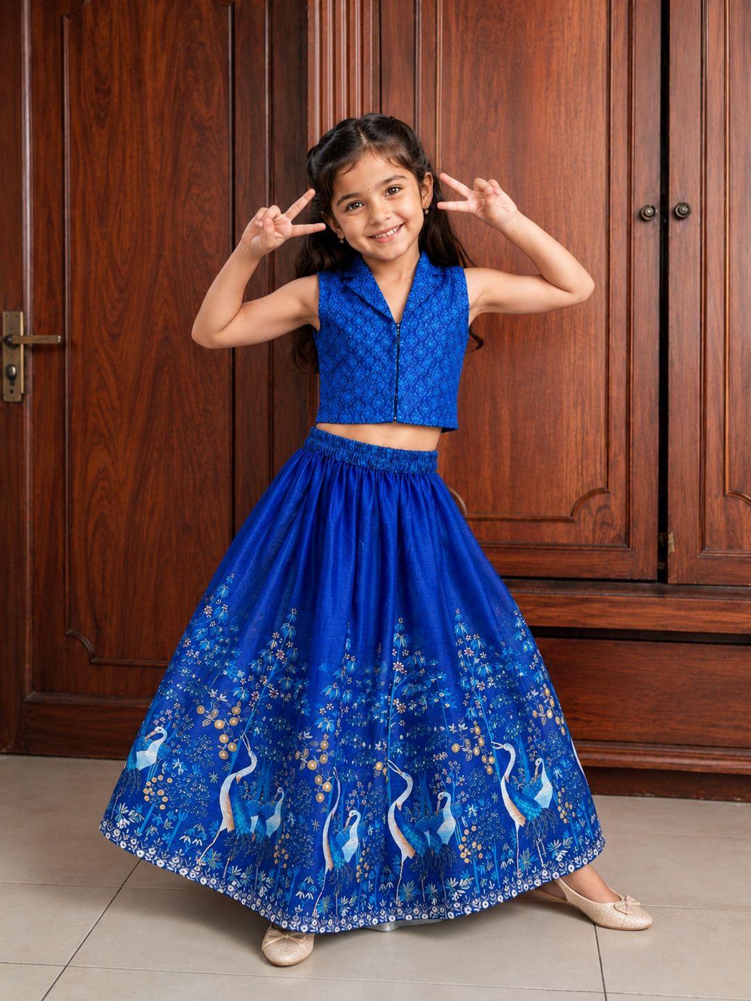 Girls Navy Blue Digital Printed Ready to wear Lehenga with Choli