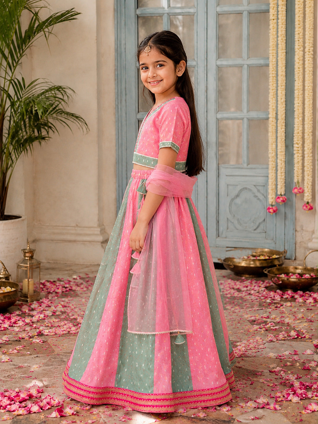 Girls Prach & Green Woven Design with Embroidered Patti Lehenga, Choli, Dupatta