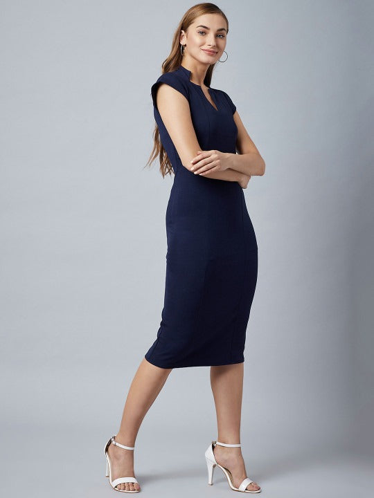 Women Navy Blue Solid Sheath Dress