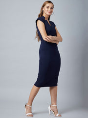 Women Navy Blue Solid Sheath Dress