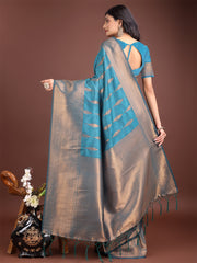 Teal Blue Linen Cotton Saree with Golden Zari Leaf Woven Design & Rich Pallu – Festive Wear | Office Look | Soft Drape