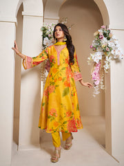 Yellow Colour Floral Printed Flared Anarkali Kurta with Palazzos Dupatta.