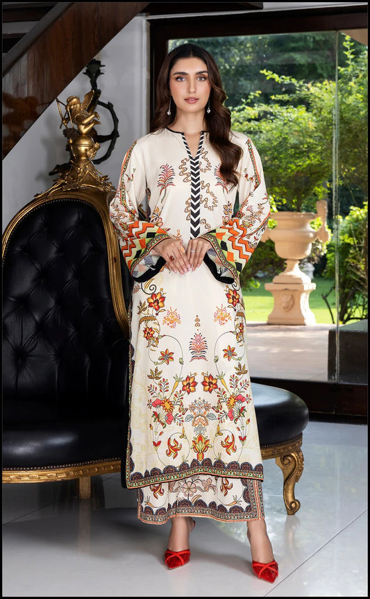 Afghan Floral Print Two-Piece Silk Creap  Kurta And Trousers Set