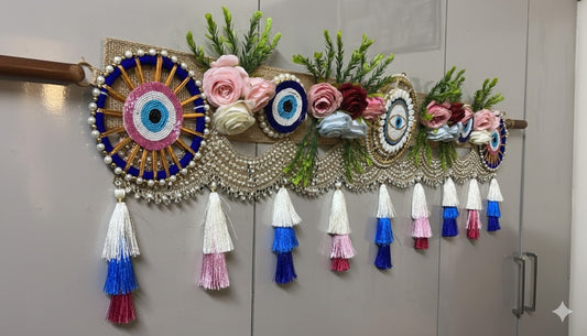 Handcrafted Pink Evil Eye Wall Hanging/ Toran, Decorative Floral Toran with Lace, Blue and White Roses, Traditional Indian Door Decor with Beaded Tassels- For Diwali, Celebration, Wedding, Gifting
