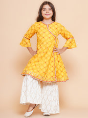 Girls Yellow Ethnic Motifs Printed Angrakha Kurta with Sharara