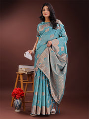 Teal Blue Linen Cotton Saree with Woven Geometric Zari Motifs – Elegant Festive Wear for Women