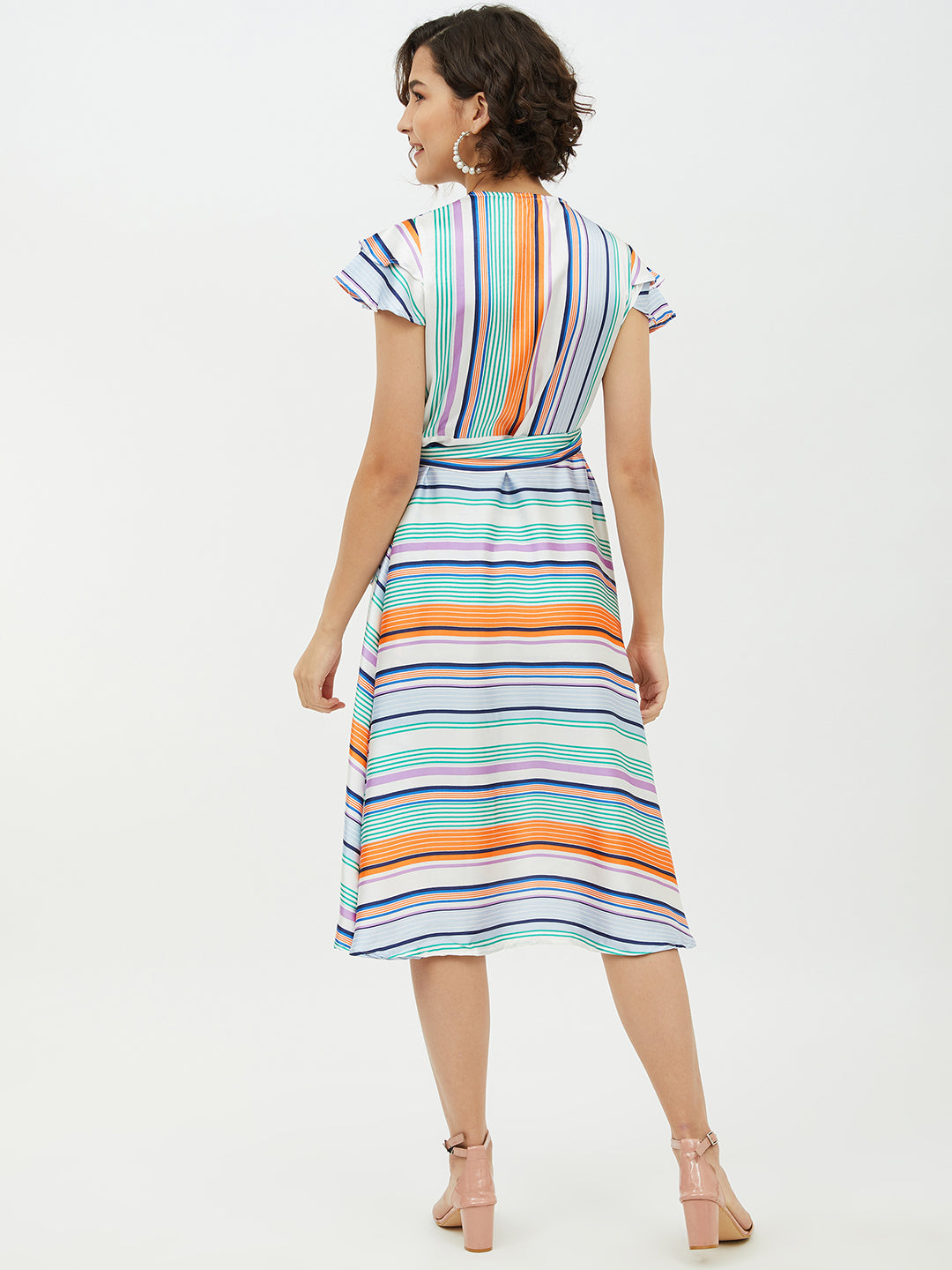 StyleStone Women's Polyester Satin Striped Wrap Dress