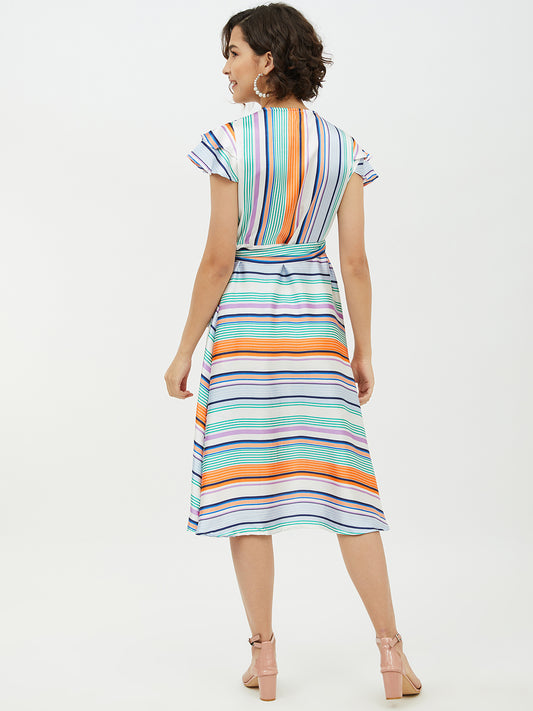 StyleStone Women's Polyester Satin Striped Wrap Dress