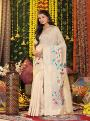 Cream Linen Cotton Saree with Bold Peacock Pallu – Elegant Zari Border Saree for Festive & Party Wear | Lightweight & Soft Fabric