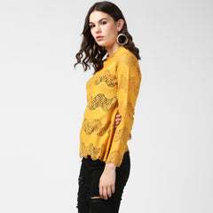 Women's Mustard Yellow Self Detail Lace Top