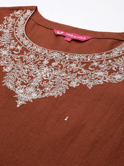 Women Rust Embroidered Straight Kurta With Bottom And Dupatta