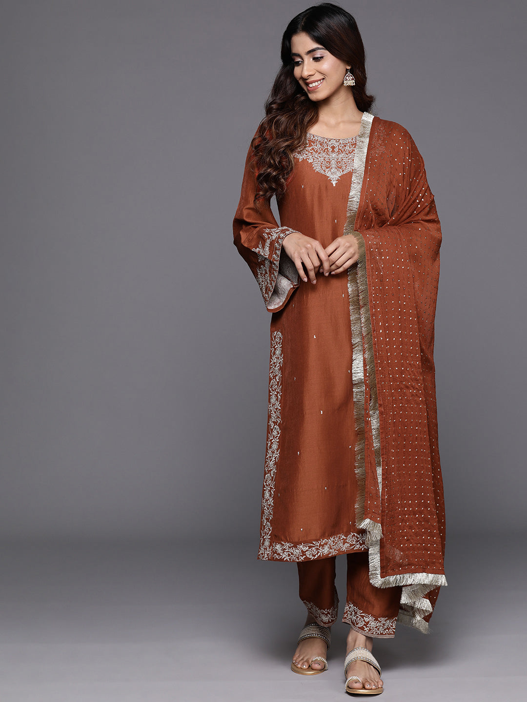 Women Rust Embroidered Straight Kurta With Bottom And Dupatta