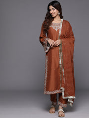 Women Rust Embroidered Straight Kurta With Bottom And Dupatta