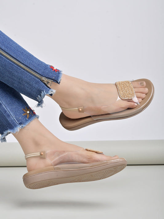 Shoetopia - Embellished Beige Flat Sandals For Women & Girls