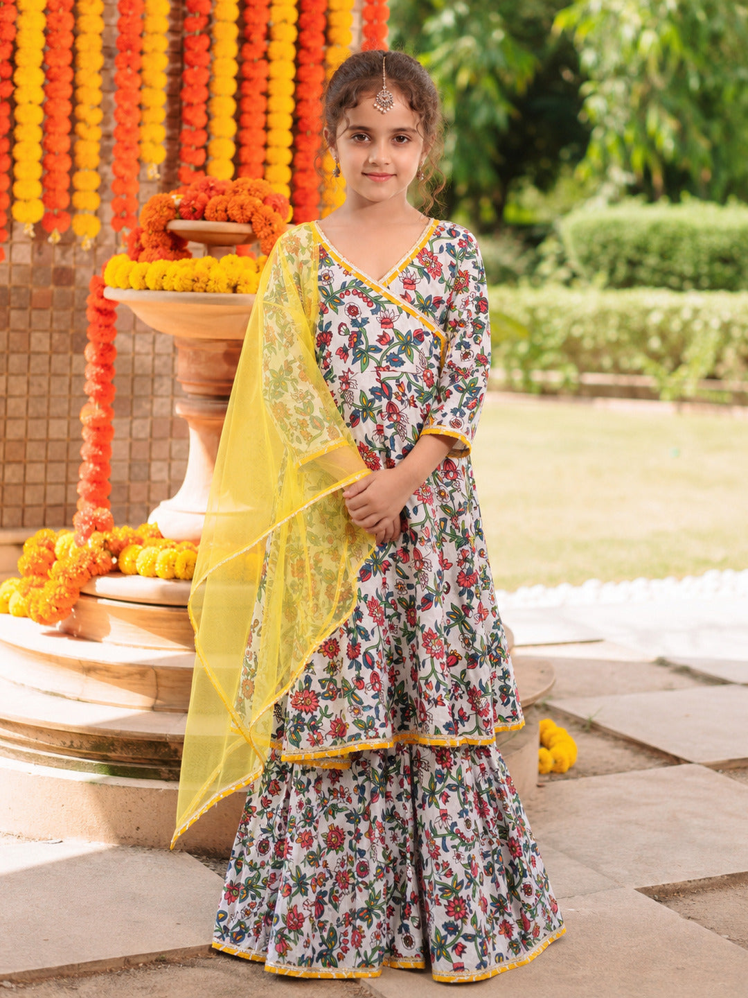 Girls white Floral Printed Kurta with Sharara & Dupatta