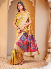 Floral Linen Cotton Saree with Zari Border & Digital Printed Pallu - Elegant Sari for Festive Occasions