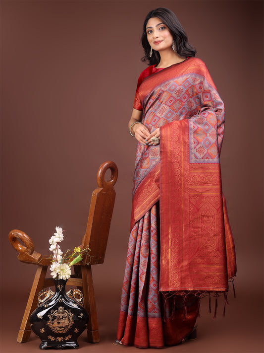 Majestic Red & Grey Silk Saree with Rich Woven Pallu – A Regal Touch for Special Moments
