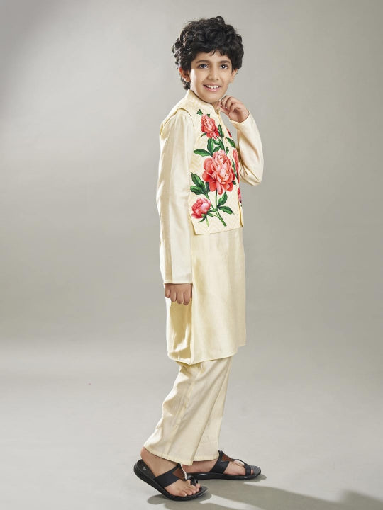 Boys off white kurta pajama with off white floral print jacket