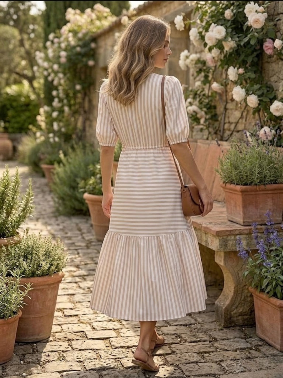 Beige Playful Stripe V-Neck Dress-ADR-22018