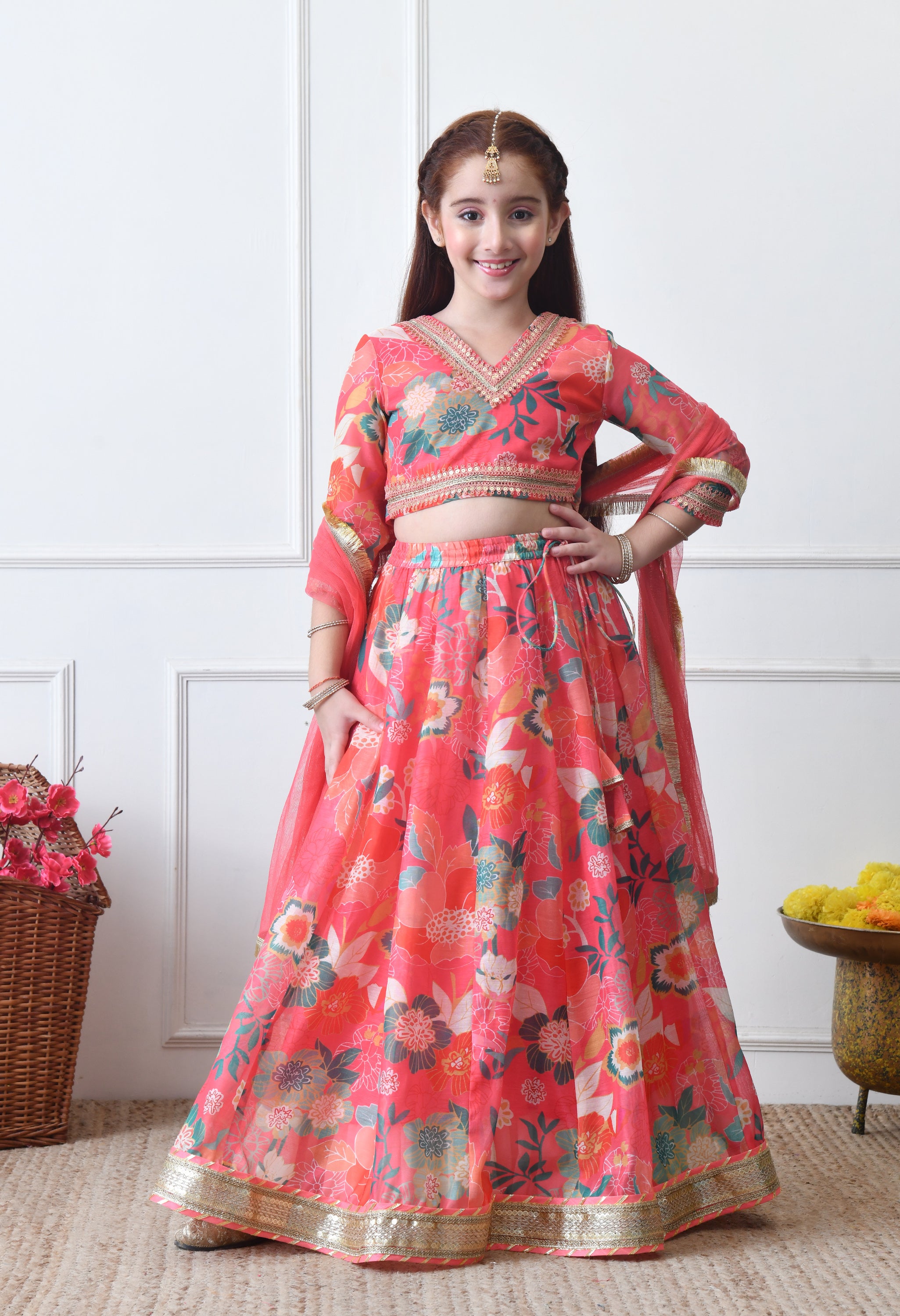 Girls Coral Floral Printed Lehenga Choli Set with Net Dupatta