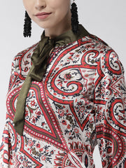 Women's Red Paisley Print Olive Necktie Dress
