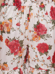 Silk blend Woven Three-Quarter Sleeves Floral Print Flared Kurta And Sharara Set - Offwhite
