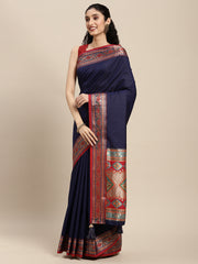 Ethnic Navy Blue Party Wear Saree with Rich Pallu and Contrast Red Zari Border