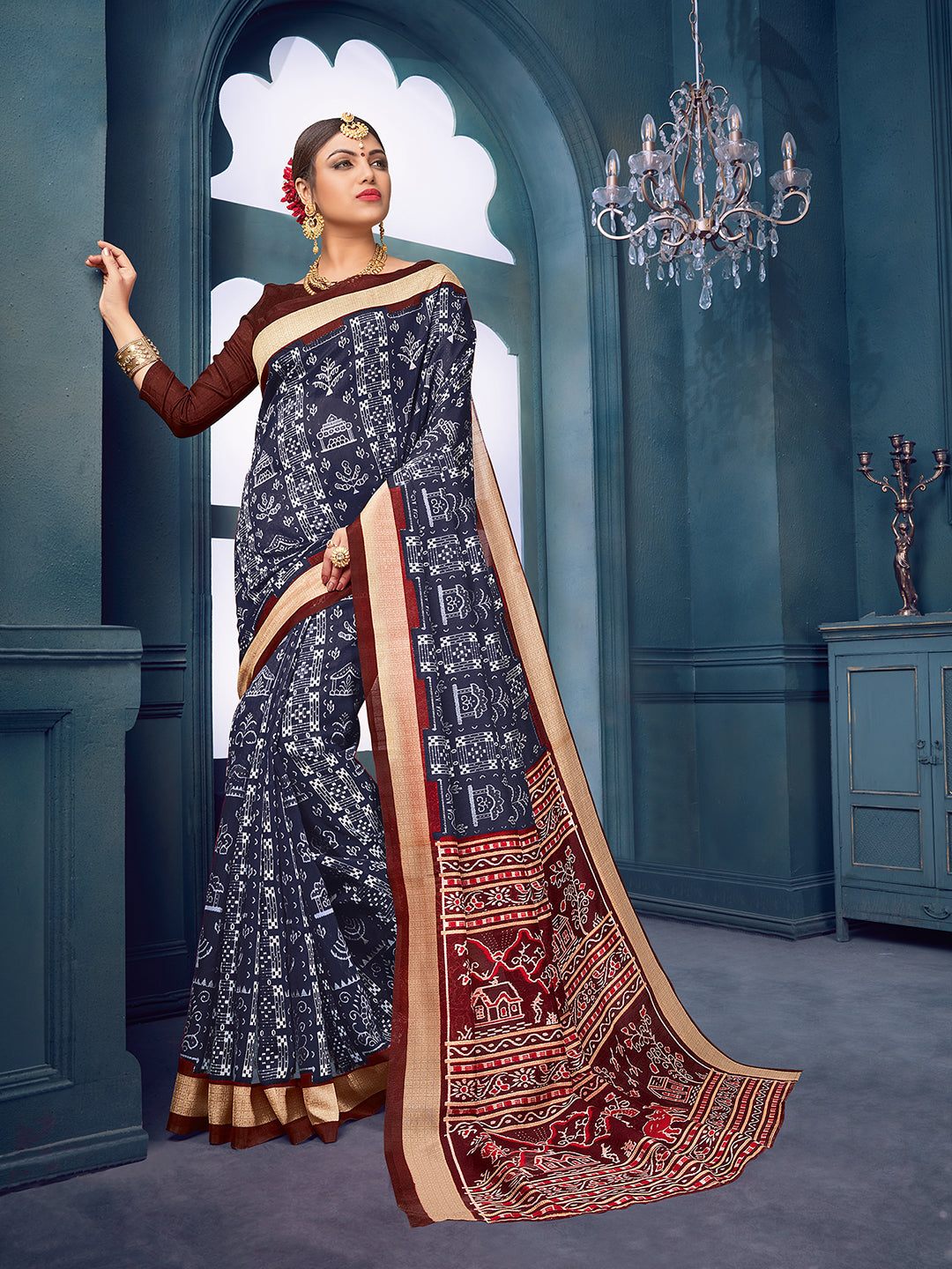 Women's Bhagalpuri Silk NavyBlue Printed DesignerSaree With Blouse Piece