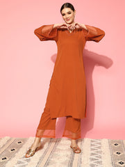 Kalini Women Rust Straight Kurta Paired With Tonal Bottom