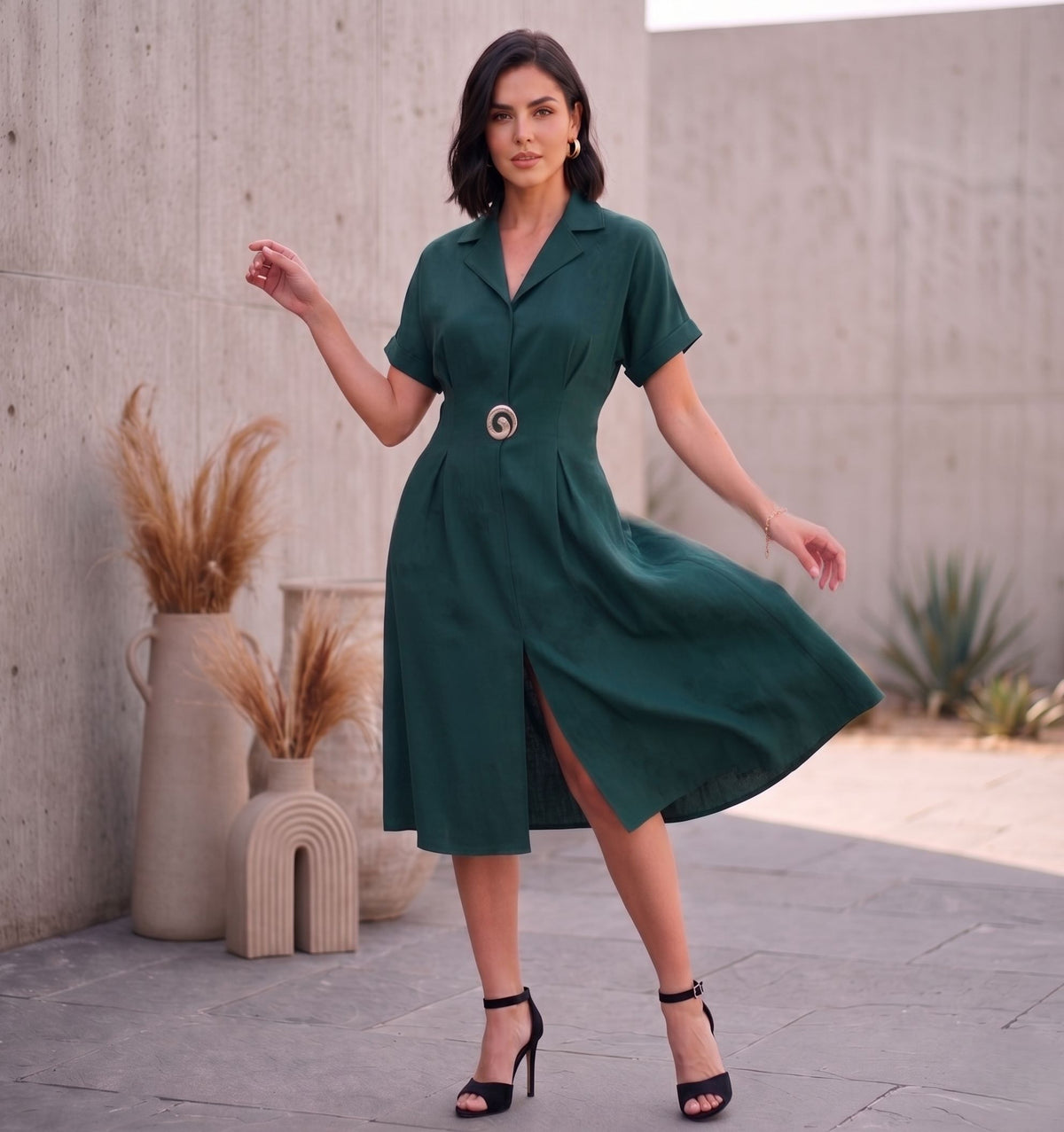 Teal Lapel Collar Embellished Dress-ADR-21219