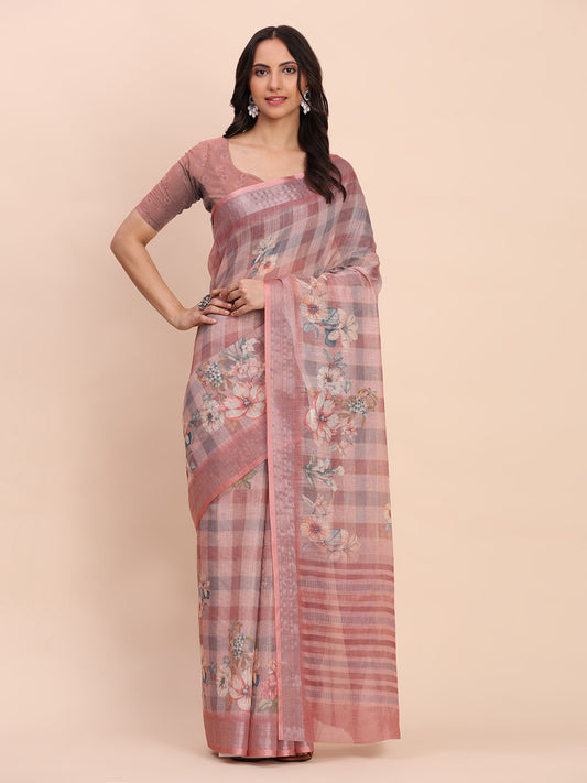 Rust Cotton Cotton Saree with Tribal Floral Print | Bold Ethnic Design | Lightweight Casual & Festive Saree for Women