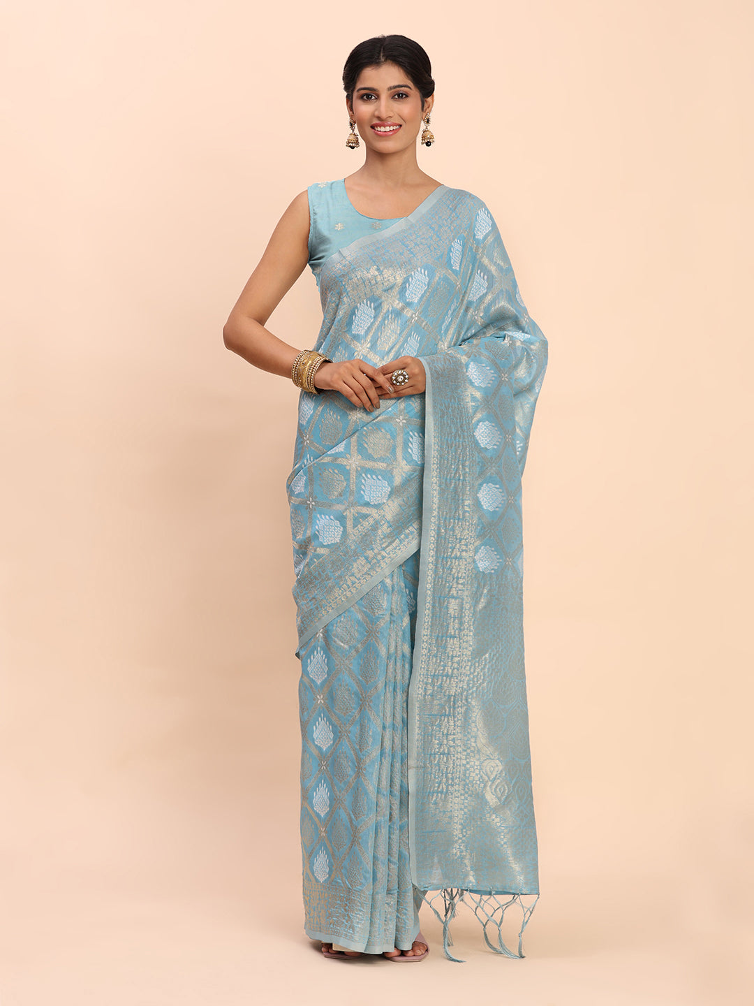 Sky Blue Linen Cotton Saree with Silver Zari Weave & Tassels – Festive & Elegant Office Wear