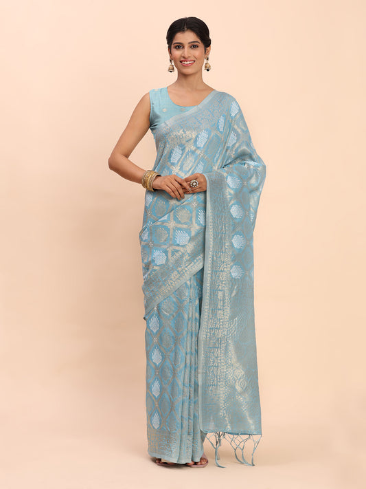 Sky Blue Linen Cotton Saree with Silver Zari Weave & Tassels – Festive & Elegant Office Wear