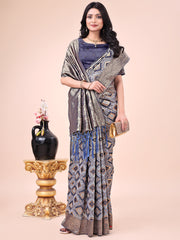 Graceful Pink Lichi Silk Saree with Contrast Blue Woven Border & Floral Zari Design – Wedding & Festive Wear