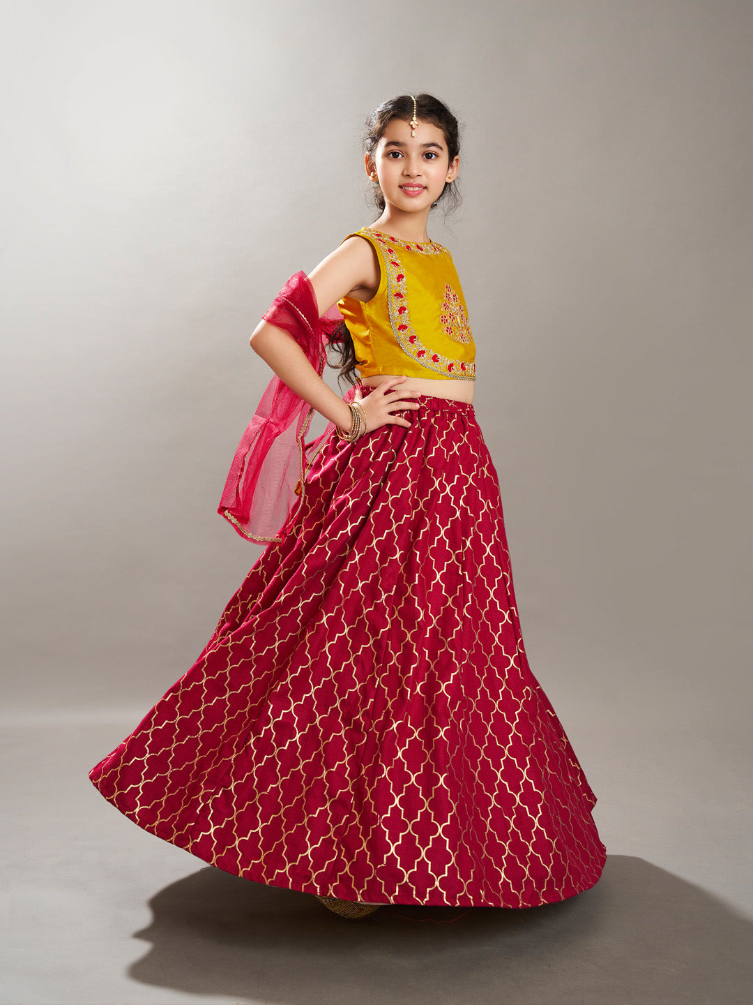 Girls Maroon & Yellow Foil Print with Embroidered yoke Choli, Lehenga with Dupatta
