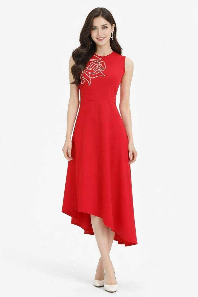 Red Embroidered Asymmetric Dress-ADR-19900