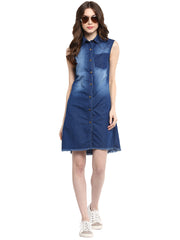 Women's Blue Dress with Pocket Impression Wash