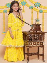 cotton Woven Three-Quarter Sleeves Bandani Print A Line Kurta And Sharara Set - Yellow