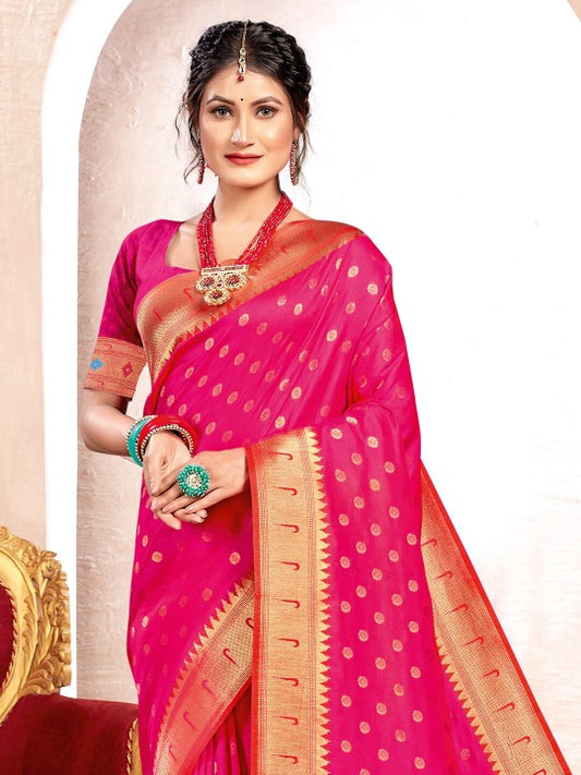 Pink Kanjivaram Silk Saree with Golden Zari and Colorful Peacock Woven Pallu Design