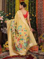 Cream Linen Cotton Saree with Bold Peacock Pallu – Elegant Zari Border Saree for Festive & Party Wear | Lightweight & Soft Fabric