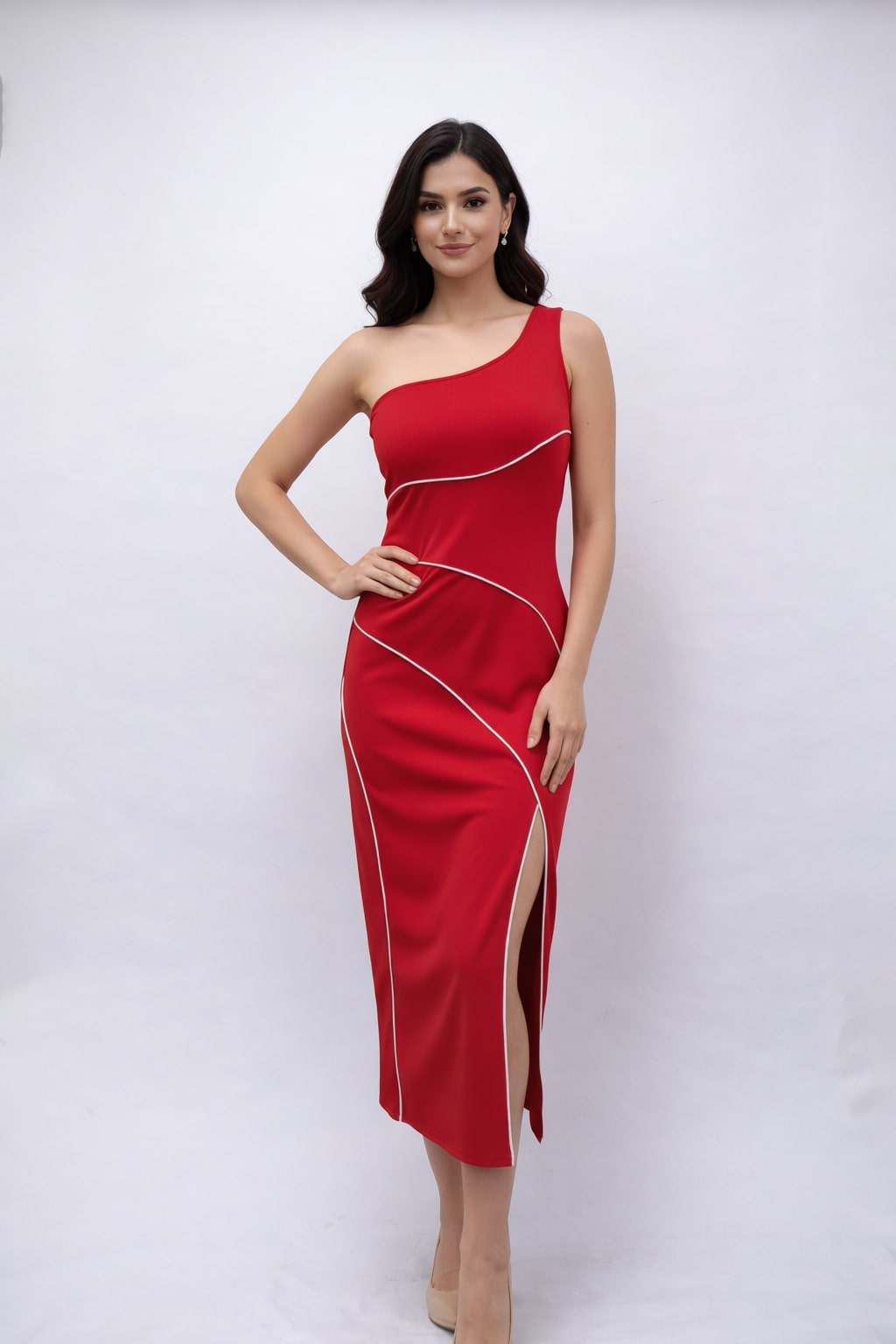 Red One Shoulder Sheath Midi Dress-ADR-18988