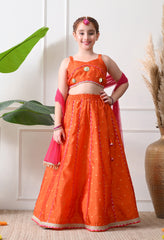 Girls Girls Orange Embellished Lehenga Choli Set with Dupatta Ethnic Wear