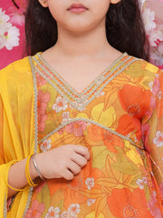Girls Yellow Floral Printed Alia Design Kurta With Sharara With dupatta
