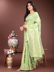 Elegant Sea Green Cotton Saree for Women – Soft Lightweight Saree with Zari Woven Butta & Tassel Border