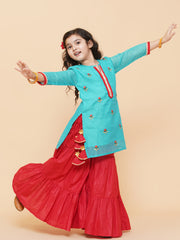 Silk blend Woven Three-Quarter Sleeves Embroidered A Line Kurta And Sharara Set - Sea Green