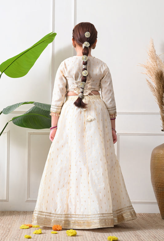 Girls Off White Embroidered Lehenga Choli Set with Net Dupatta