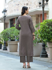 Women Taupe Crepe Round Neck Kurta With Bottom