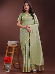 Peach Pink Linen Cotton Saree with Golden Zari Leaf Design & Elegant Pallu – Festive | Office | Daily Wear