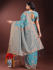 Teal Blue Linen Cotton Saree with Woven Geometric Zari Motifs – Elegant Festive Wear for Women